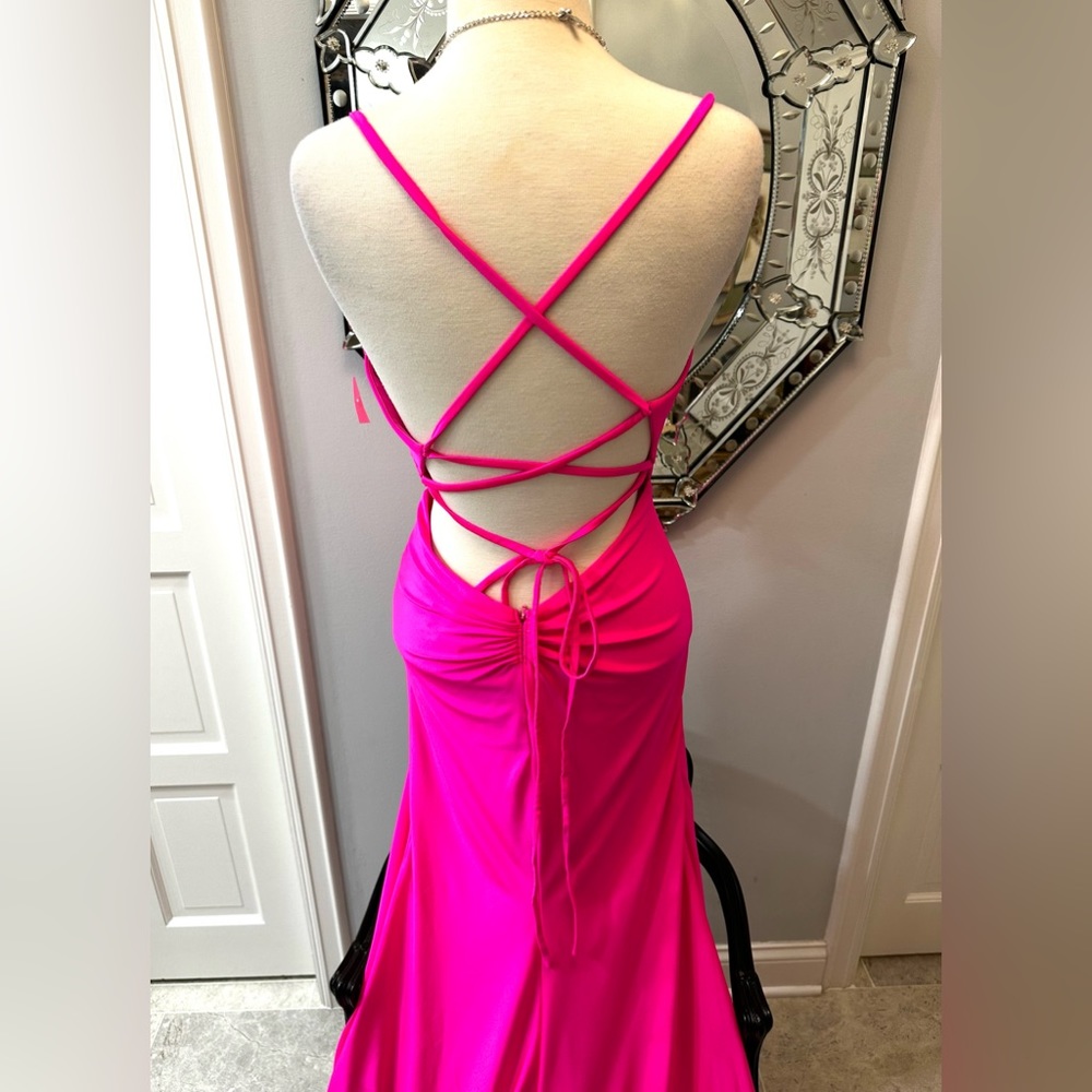 New La Femme Hot Pink Cut Out Cocktail Prom Gala Wedding Party Hi Slit Gown - Picture 15 of 17